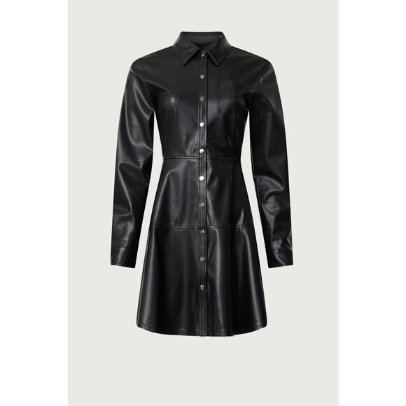 JASON WU Black Faux Leather Button Front Collared Pleated Mini Dress size 6 - Picture 2 of 13